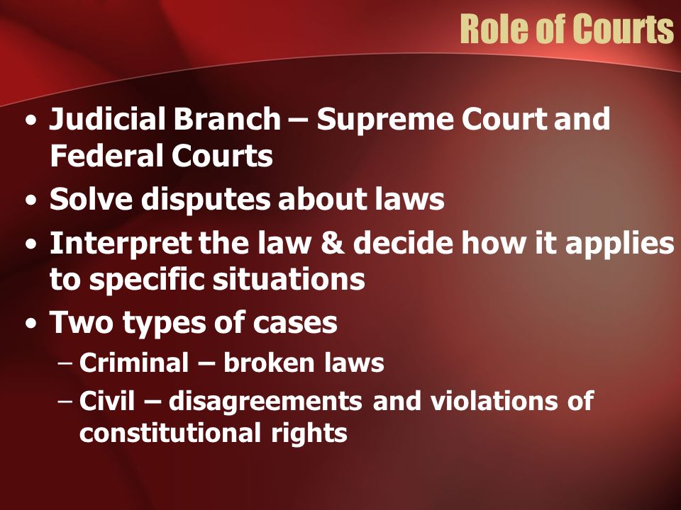 Role of Courts Judicial Branch – Supreme Court and Federal Courts