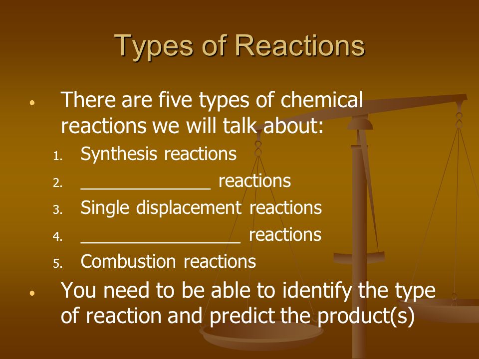 Types of Reactions There are five types of chemical reactions we will talk about: Synthesis reactions.