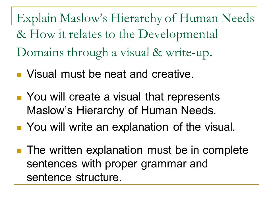 Explain Maslow’s Hierarchy of Human Needs & How it relates to the Developmental Domains through a visual & write-up.