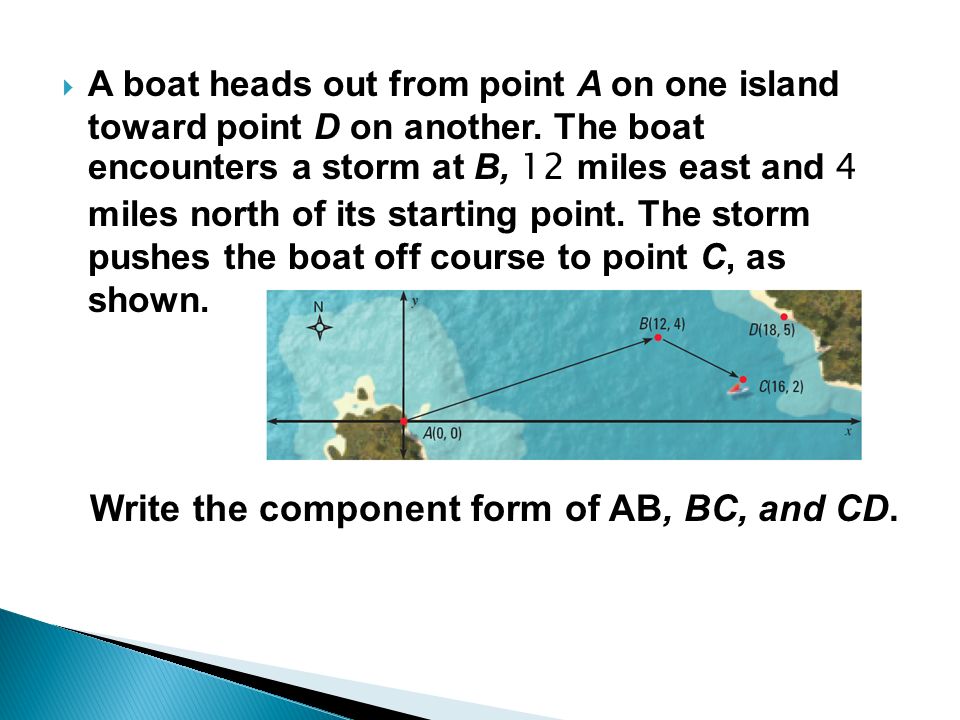 A boat heads out from point A on one island toward point D on another