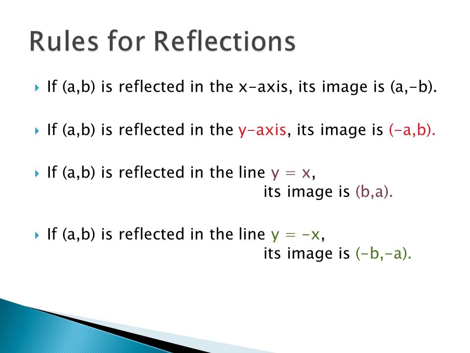 Rules for Reflections If (a,b) is reflected in the x-axis, its image is (a,-b). If (a,b) is reflected in the y-axis, its image is (-a,b).
