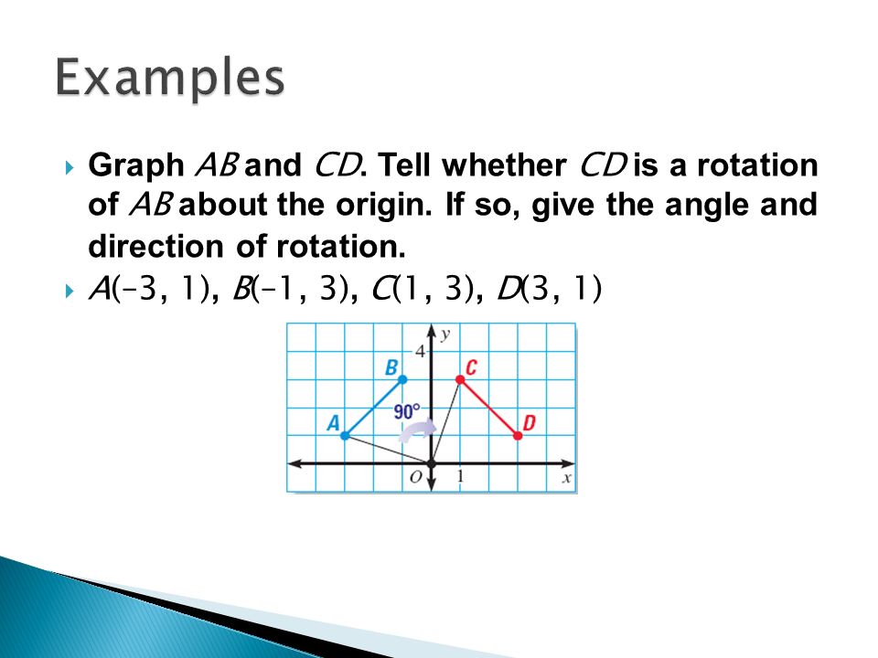 Examples Graph AB and CD. Tell whether CD is a rotation of AB about the origin. If so, give the angle and direction of rotation.