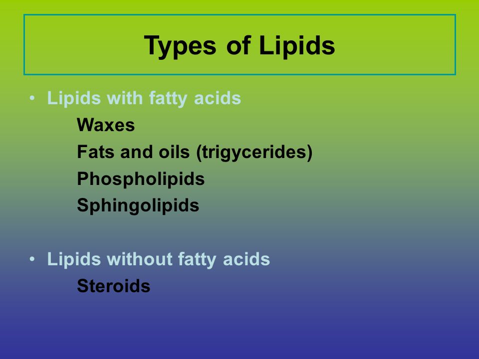 Types of Lipids Lipids with fatty acids Waxes