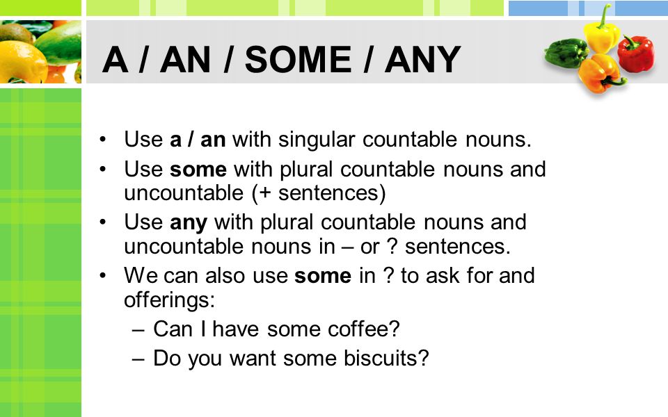 A / AN / SOME / ANY Use a / an with singular countable nouns.