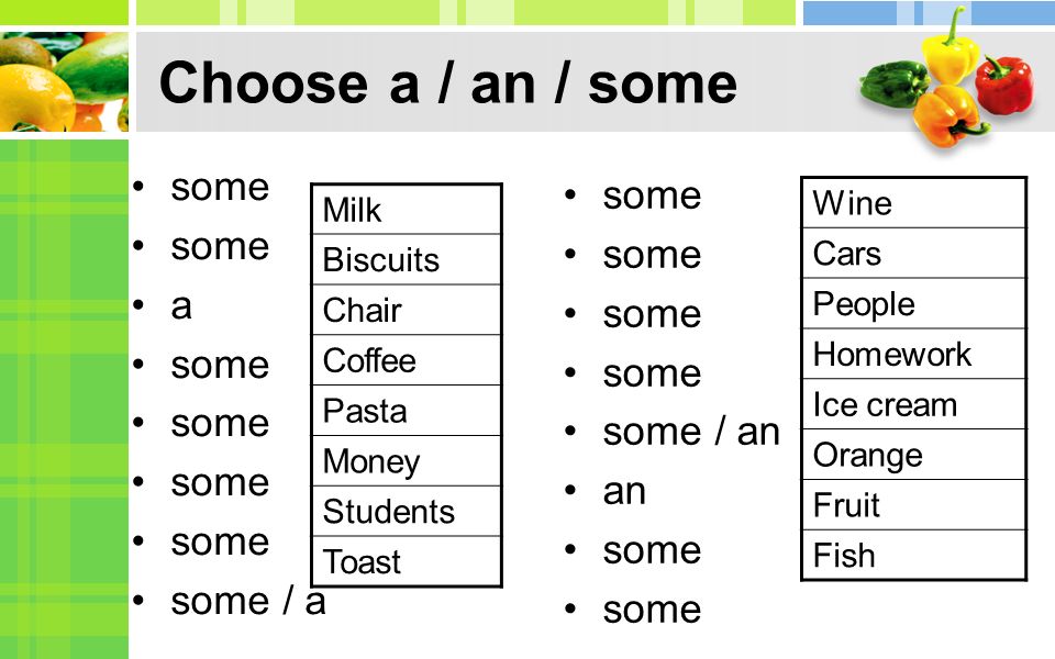 Choose a / an / some some some a some / an an some / a Wine Milk Cars