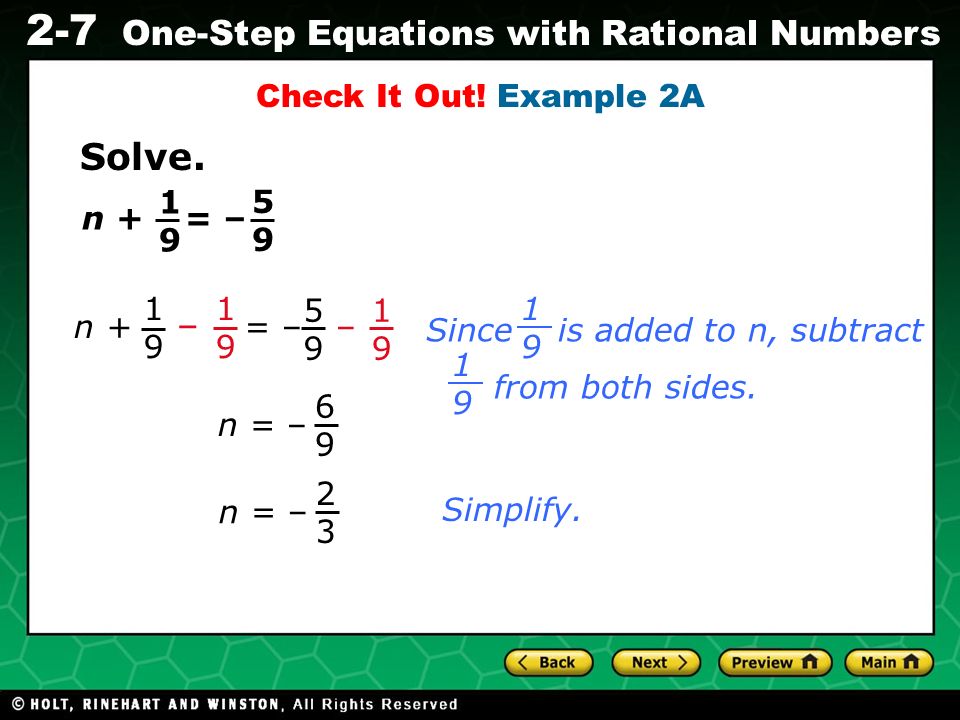 Solve. Check It Out! Example 2A n + = – n + – = – –