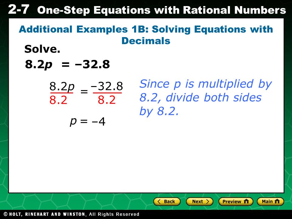 Additional Examples 1B: Solving Equations with Decimals