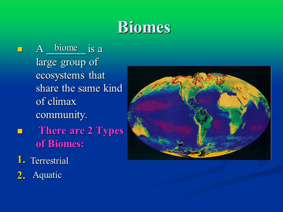 Biomes A _______ is a large group of ecosystems that share the same kind of climax community. There are 2 Types of Biomes: