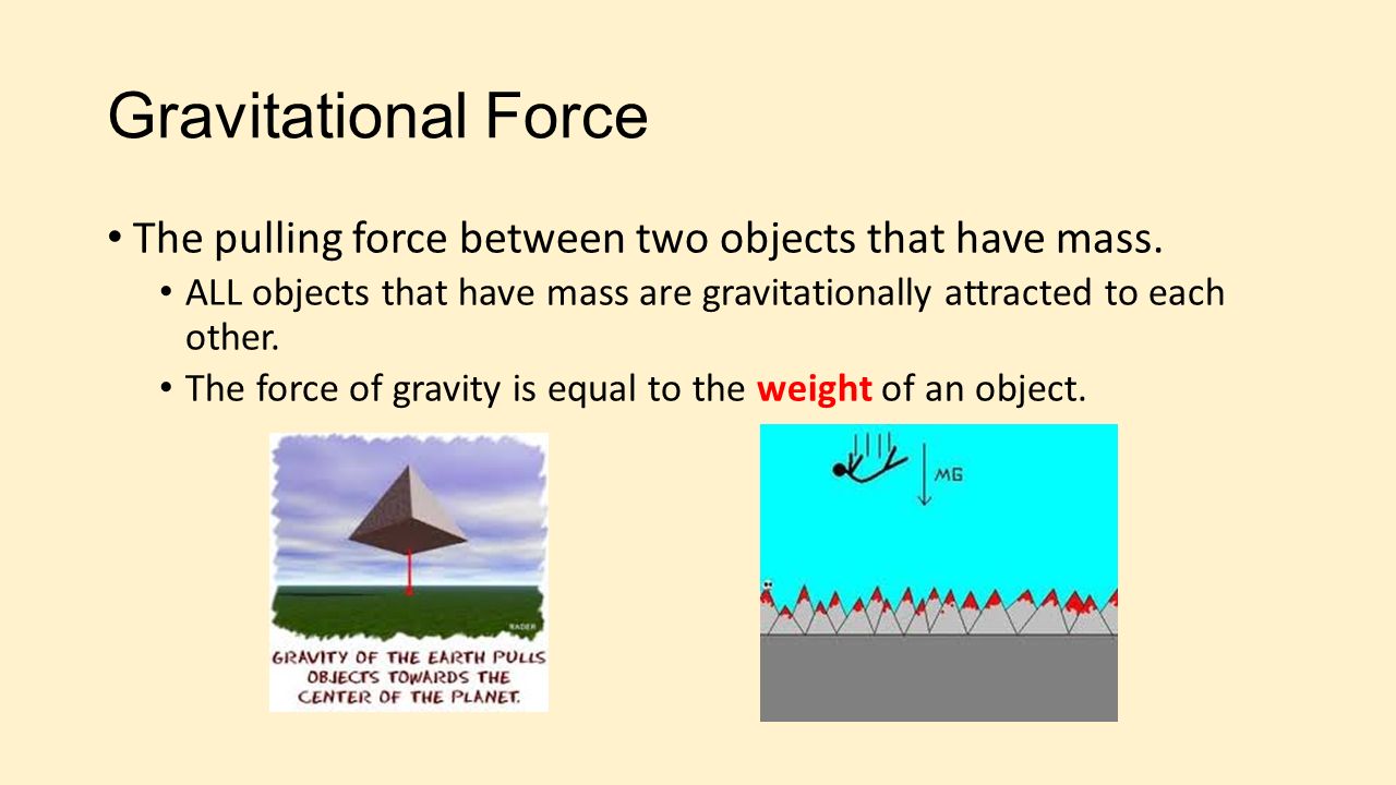 Gravitational Force The pulling force between two objects that have mass. ALL objects that have mass are gravitationally attracted to each other.