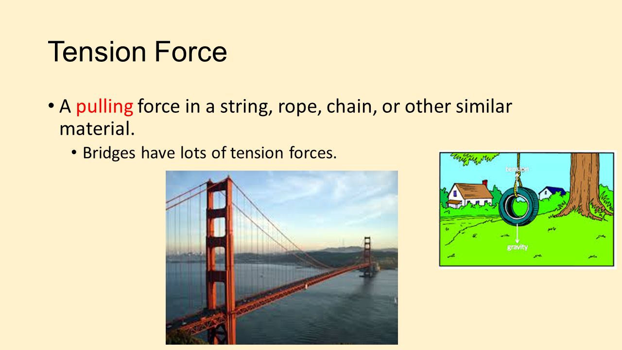 Tension Force A pulling force in a string, rope, chain, or other similar material.