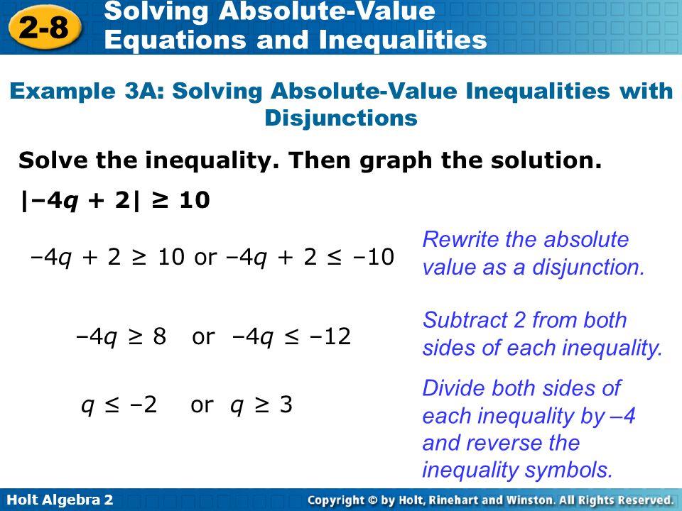 Example 3A: Solving Absolute-Value Inequalities with Disjunctions