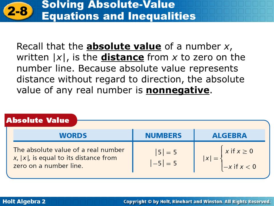 Recall that the absolute value of a number x, written |x|, is the distance from x to zero on the number line.