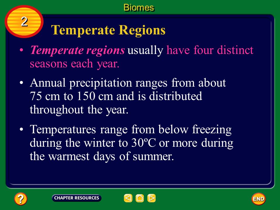 Biomes 2. Temperate Regions. Temperate regions usually have four distinct seasons each year.
