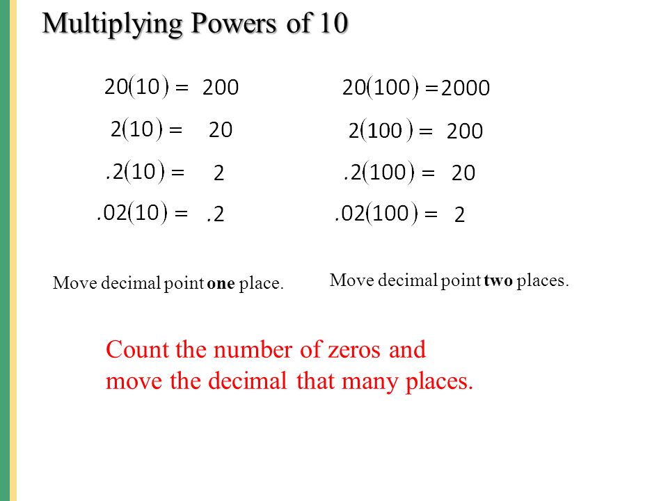 Multiplying Powers of 10 Move decimal point one place. Move decimal point two places.