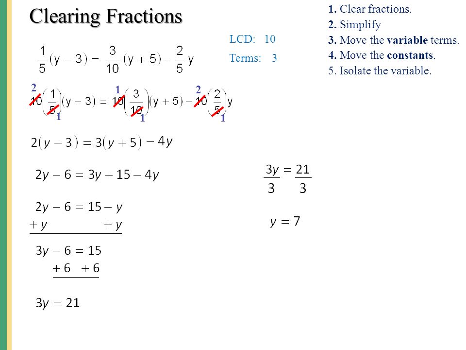 Clearing Fractions 1. Clear fractions. 2. Simplify