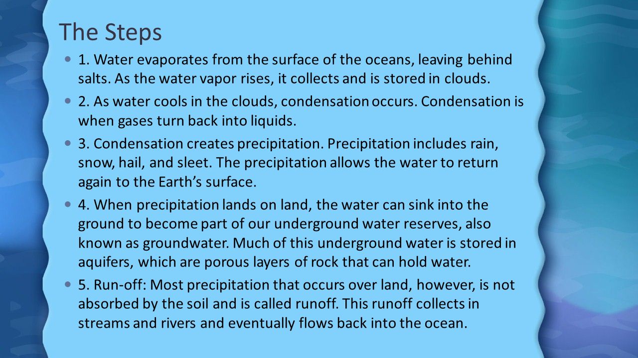 The Steps 1. Water evaporates from the surface of the oceans, leaving behind salts. As the water vapor rises, it collects and is stored in clouds.