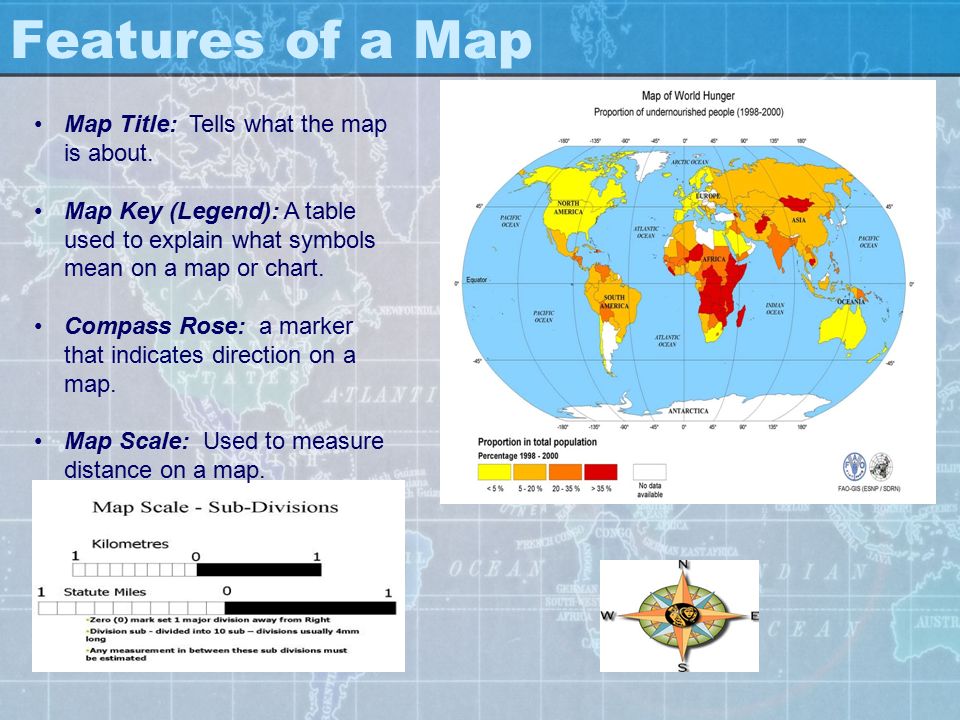 Features of a Map Map Title: Tells what the map is about.