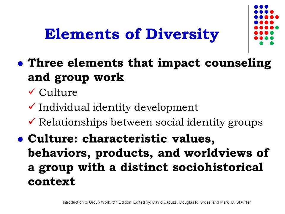 Elements of Diversity Three elements that impact counseling and group work. Culture. Individual identity development.