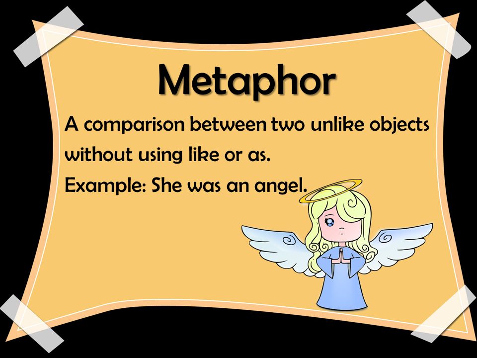 Metaphor A comparison between two unlike objects without using like or as.