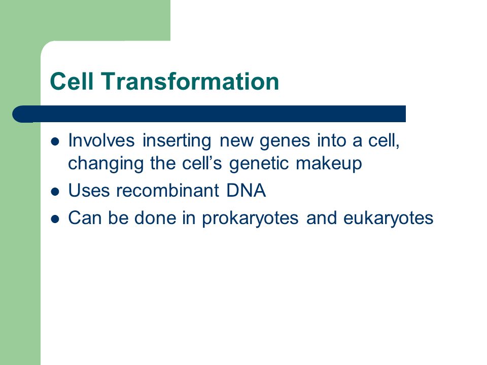 Cell Transformation Involves inserting new genes into a cell, changing the cell’s genetic makeup. Uses recombinant DNA.