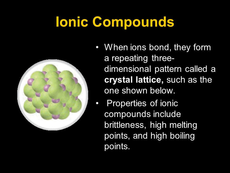 Ionic Compounds When ions bond, they form a repeating three-dimensional pattern called a crystal lattice, such as the one shown below.