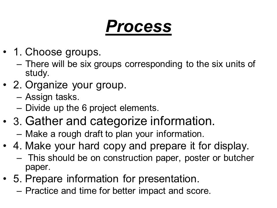 Process 1. Choose groups. 2. Organize your group.