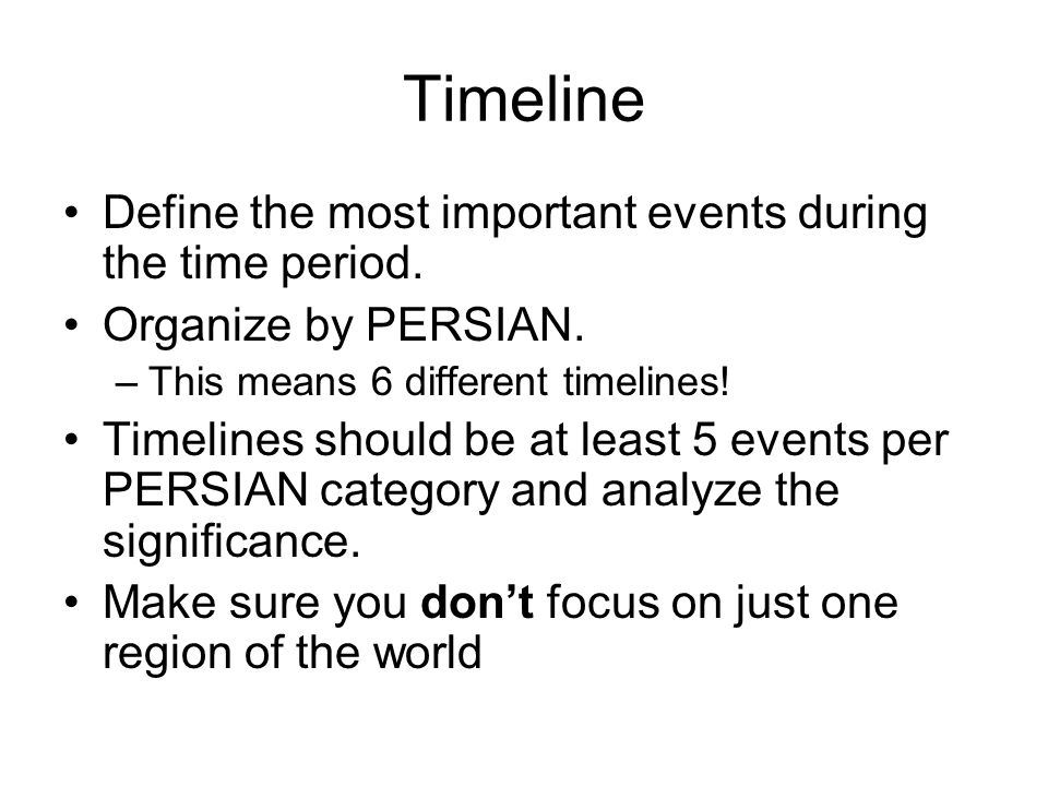 Timeline Define the most important events during the time period.