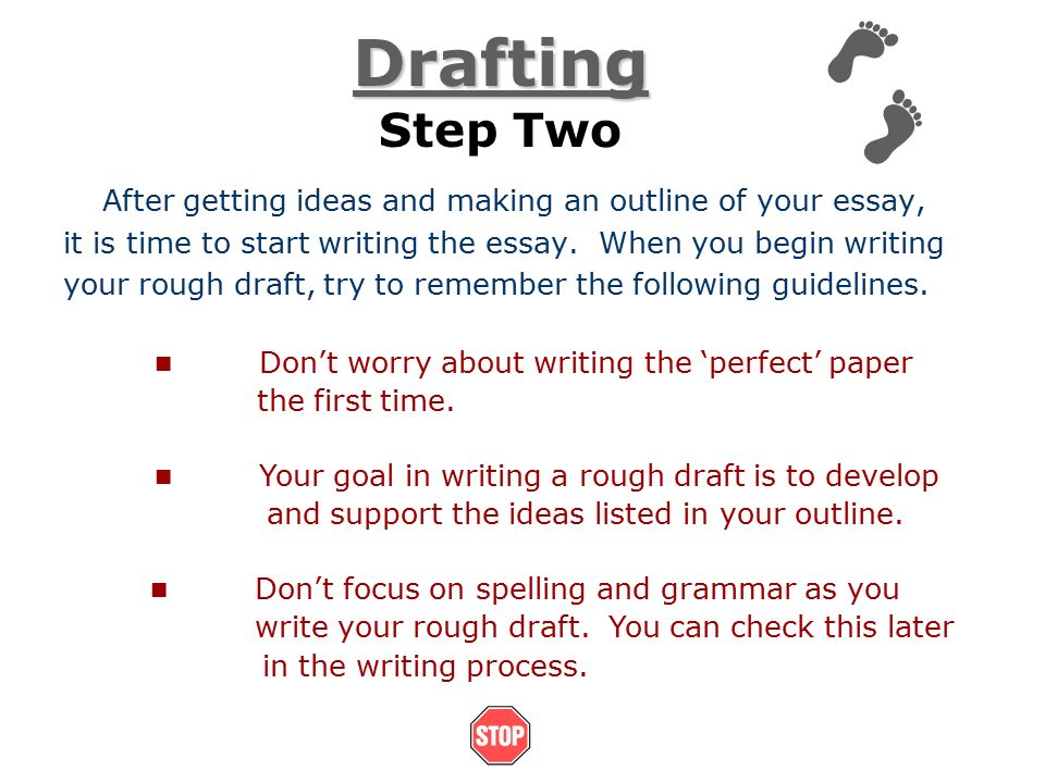 Drafting Step Two. After getting ideas and making an outline of your essay, it is time to start writing the essay. When you begin writing.