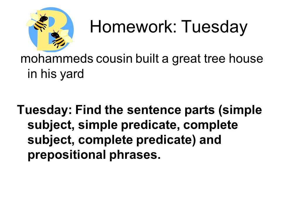 Homework: Tuesday mohammeds cousin built a great tree house in his yard.