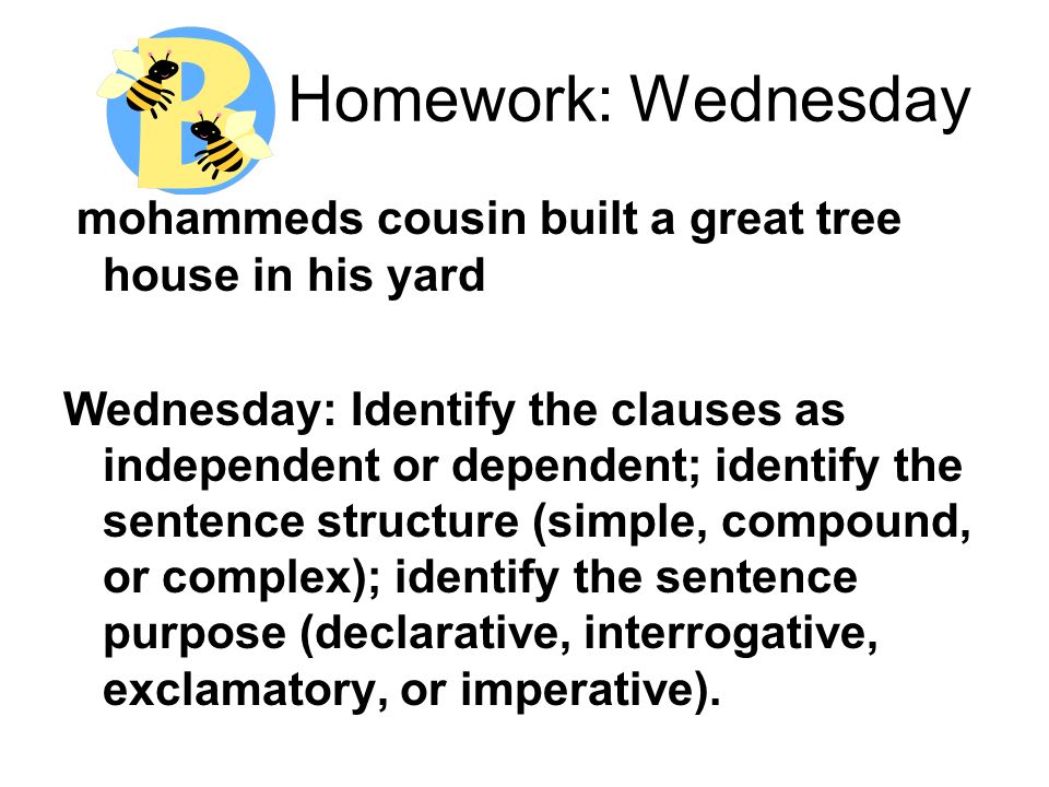Homework: Wednesday mohammeds cousin built a great tree house in his yard.