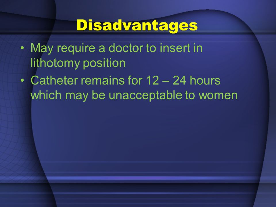 Disadvantages May require a doctor to insert in lithotomy position