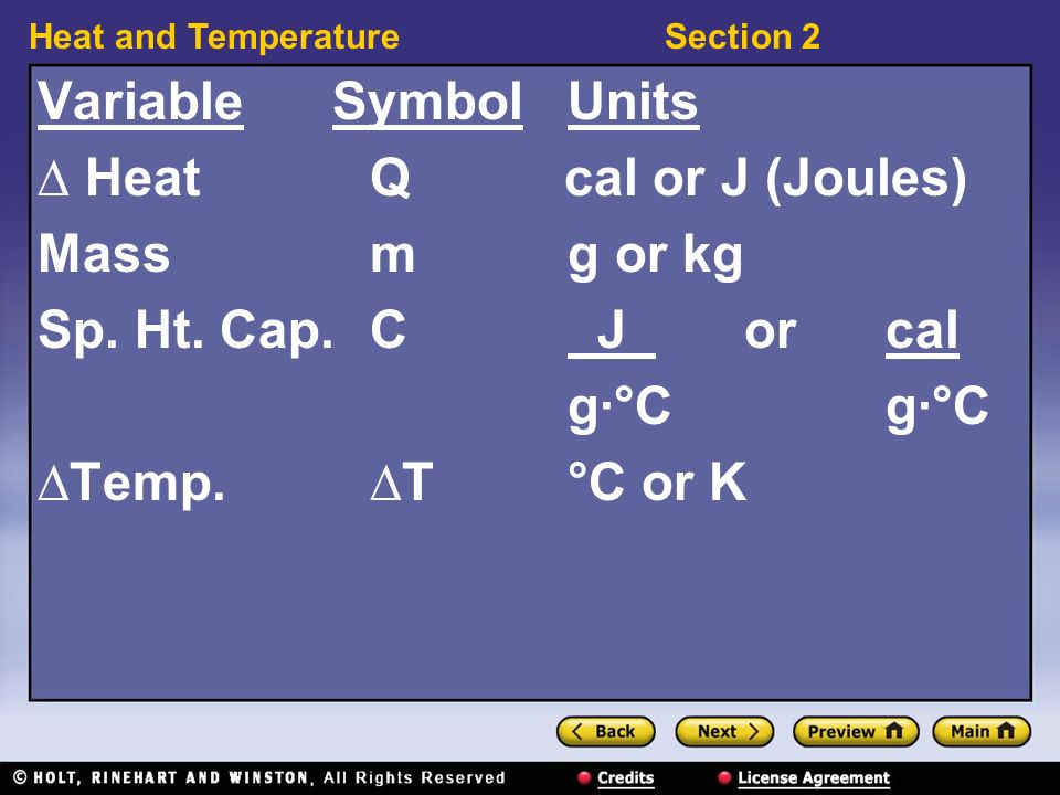 Variable Symbol Units ∆ Heat Q cal or J (Joules) Mass m g or kg. Sp. Ht. Cap. C J or cal.