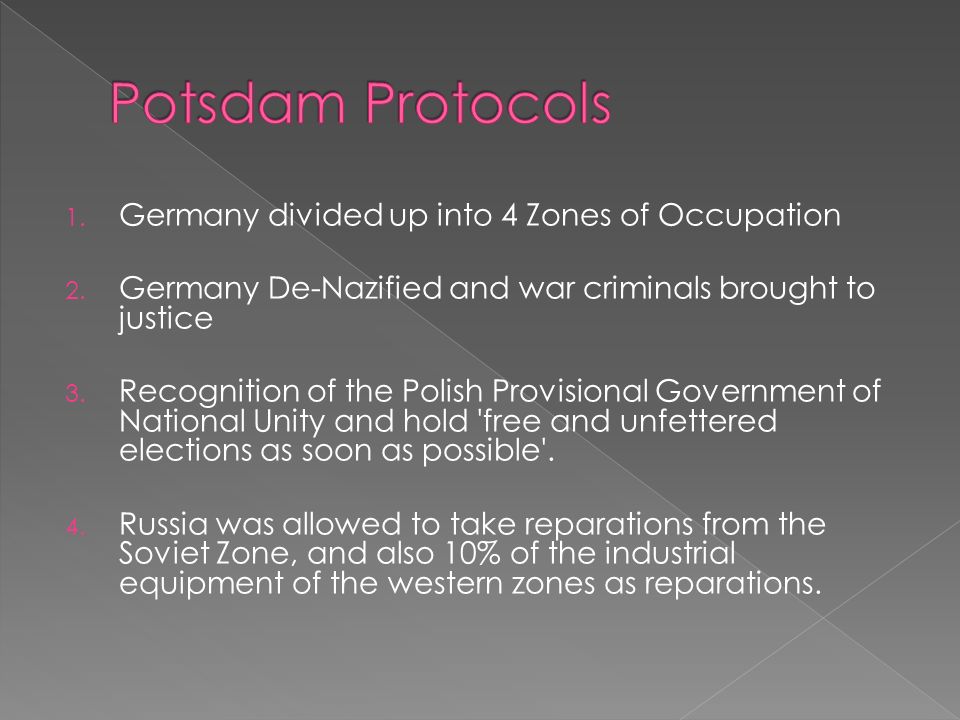Potsdam Protocols Germany divided up into 4 Zones of Occupation