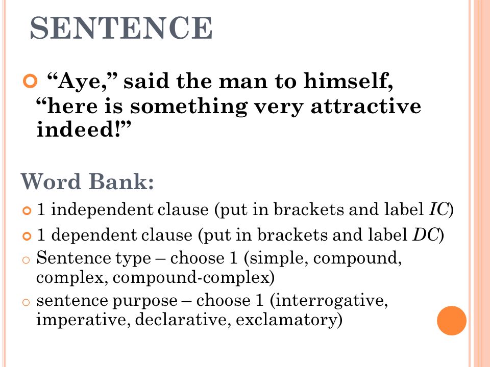 SENTENCE Aye, said the man to himself, here is something very attractive indeed! Word Bank: