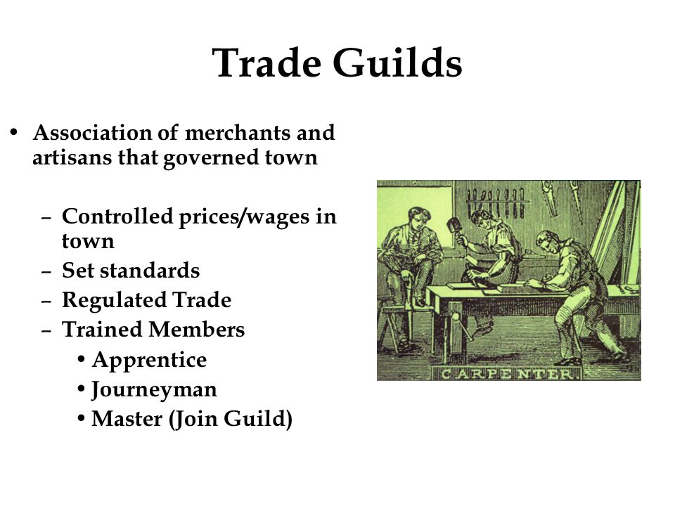 Trade Guilds Association of merchants and artisans that governed town