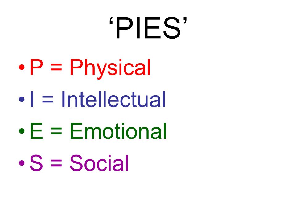 ‘PIES’ P = Physical I = Intellectual E = Emotional S = Social