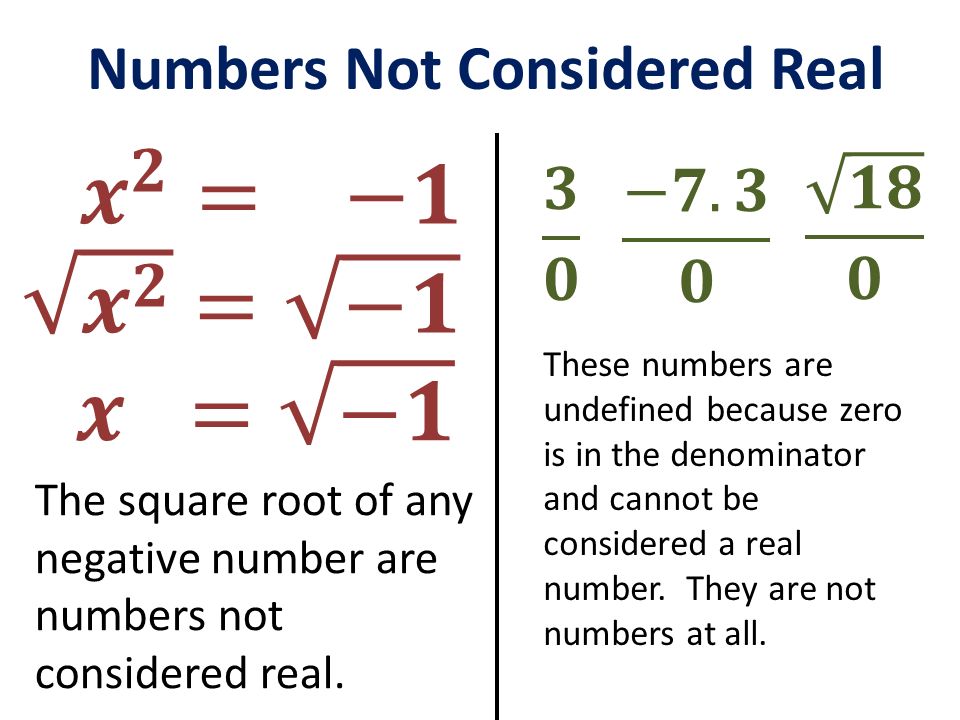 𝒙 𝟐 = −𝟏 𝒙 𝟐 = −𝟏 𝒙 = −𝟏 Numbers Not Considered Real 𝟏𝟖 𝟎 𝟑 𝟎 −𝟕.𝟑 𝟎