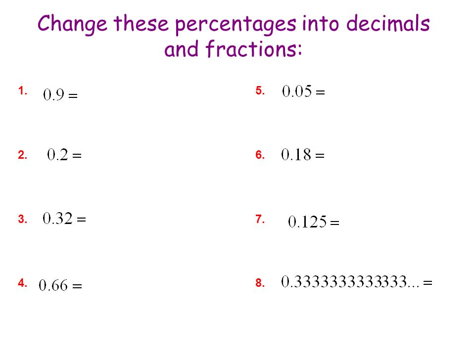 Change these percentages into decimals and fractions:
