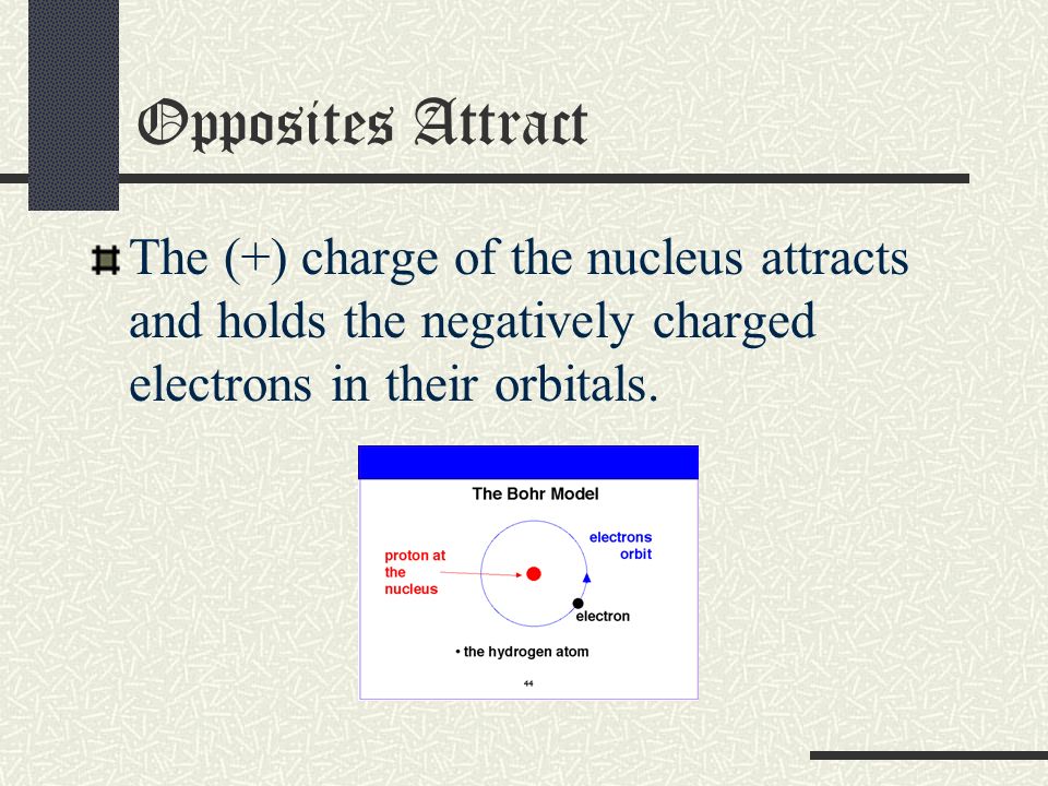 Opposites Attract The (+) charge of the nucleus attracts and holds the negatively charged electrons in their orbitals.