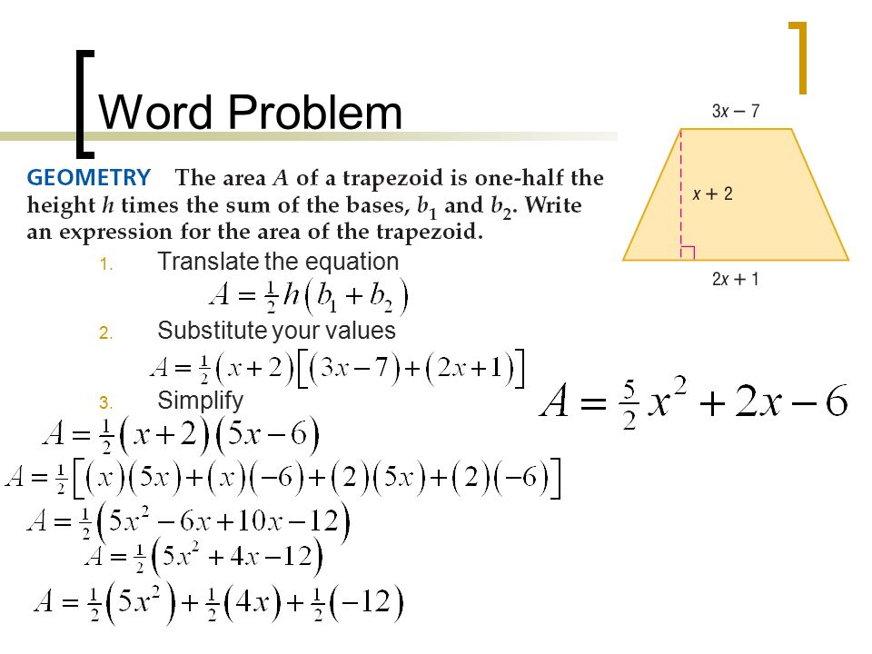 Word Problem Translate the equation Substitute your values Simplify