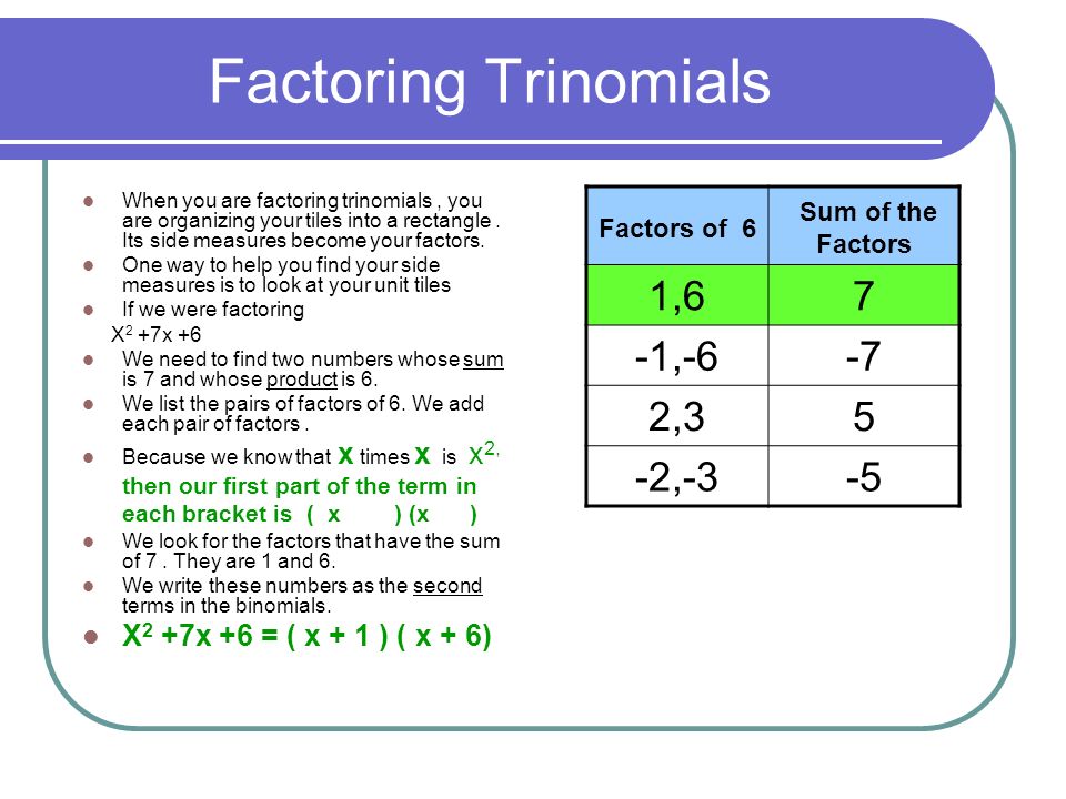 Factoring Trinomials 1,6 7 -1, ,3 5 -2,-3 -5 Sum of the Factors