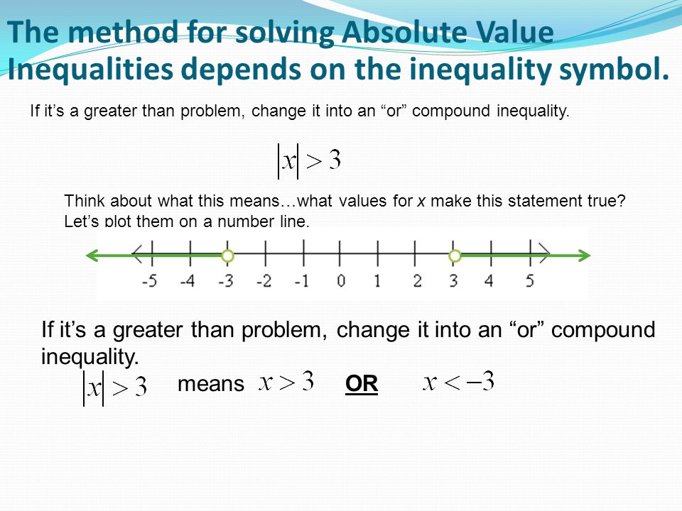 The method for solving Absolute Value Inequalities depends on the inequality symbol.