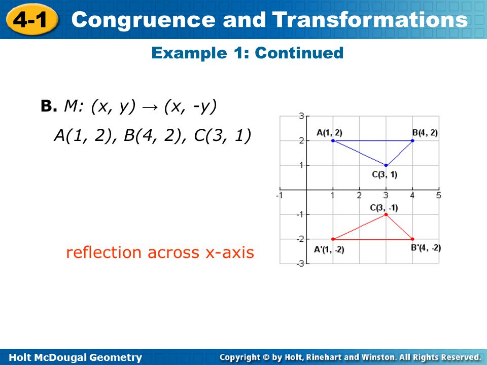 Example 1: Continued B. M: (x, y) → (x, -y) A(1, 2), B(4, 2), C(3, 1) reflection across x-axis