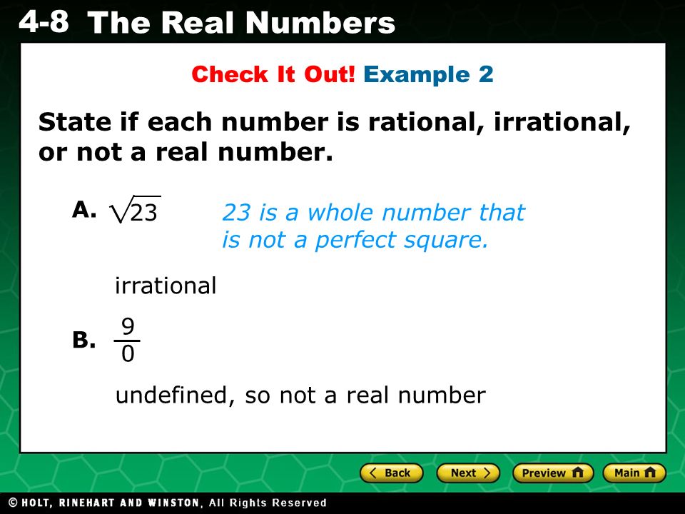 State if each number is rational, irrational, or not a real number.