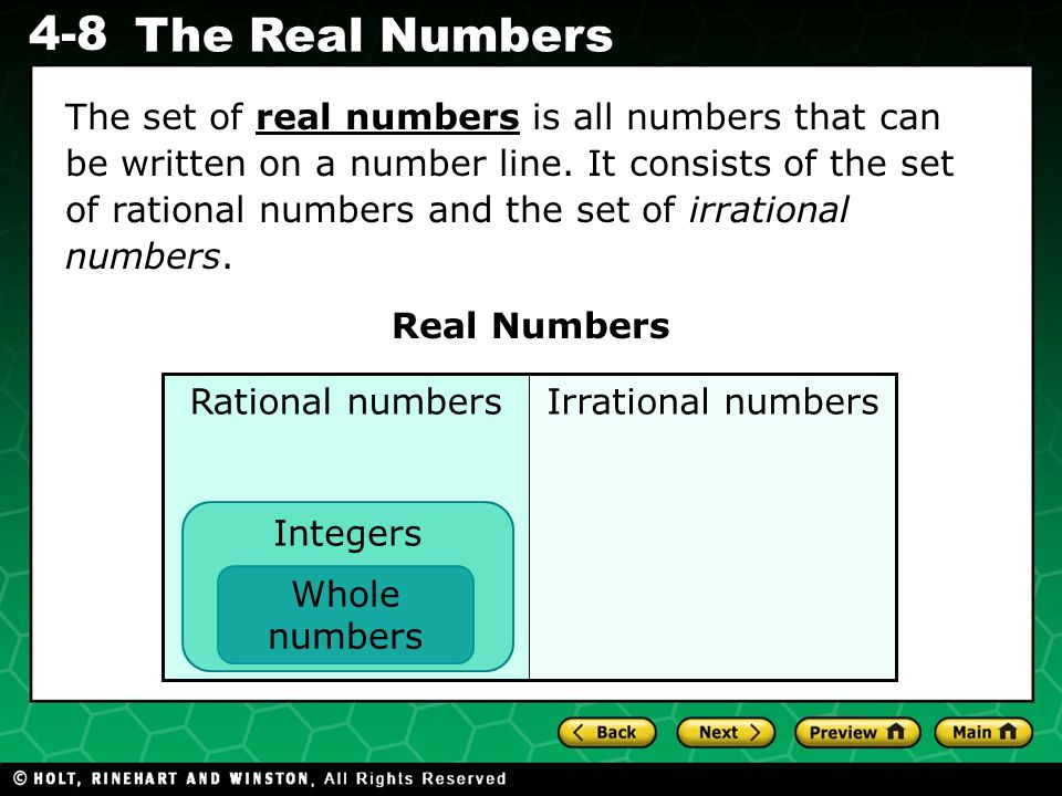 The set of real numbers is all numbers that can be written on a number line. It consists of the set of rational numbers and the set of irrational numbers.