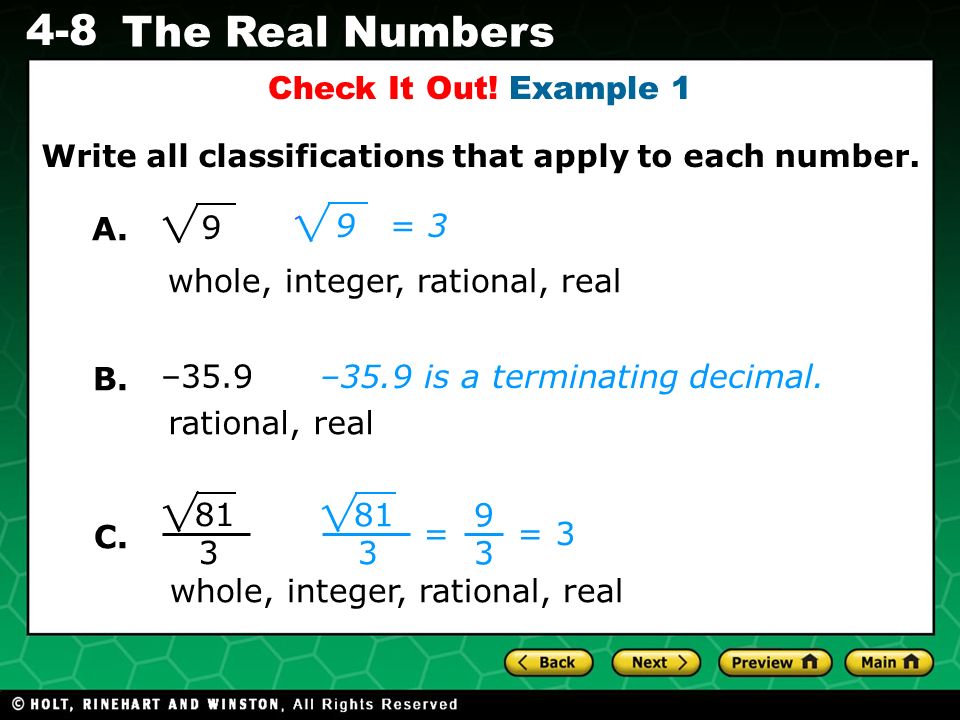 whole, integer, rational, real