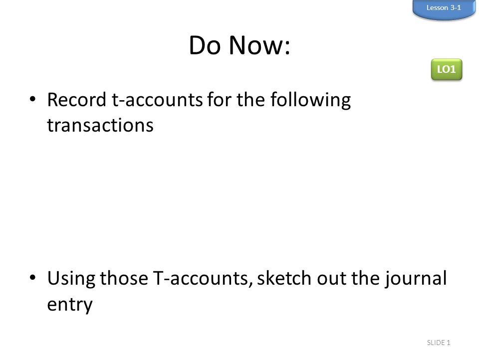 Do Now: Record t-accounts for the following transactions