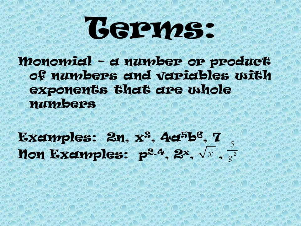 Terms: Monomial – a number or product of numbers and variables with exponents that are whole numbers.