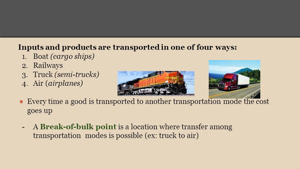 Inputs and products are transported in one of four ways: