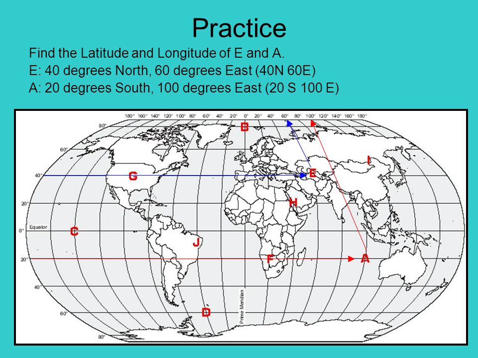 Practice Find the Latitude and Longitude of E and A.